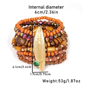 Detail view of multi-layer wooden bead bracelet with leaf pendant and size specs