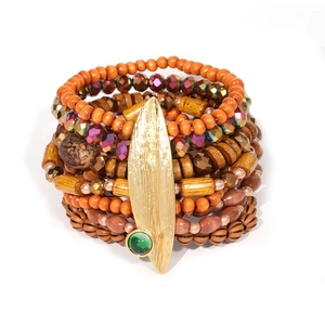Bohemian multilayer wood bead bracelet with gold leaf charm and green gemstone