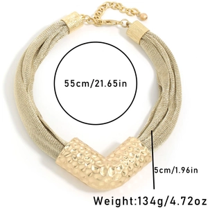 Detail of gold mesh chain necklace with V-shaped hammered metal pendant and size dimensions