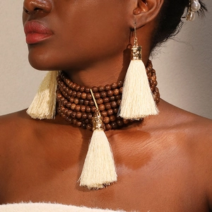 Bijoux Bohèmes Perles En Bois Glands Crème Alliage Collier Boucles D'oreilles Style Ethnique Rétro Accessoires Faits Main Femmes