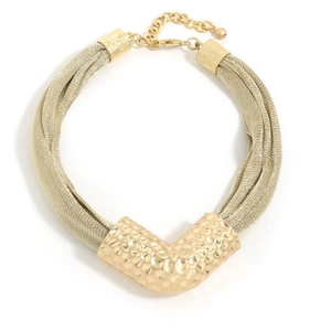 Statement gold multi-strand mesh chain necklace with hammered V-shape tube pendant