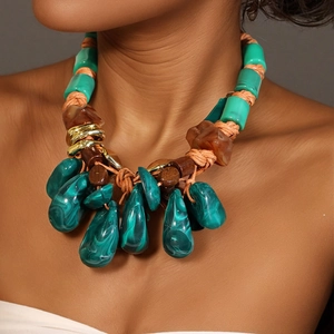 Bohemian Statement Necklace Women Handwoven Wax Rope Acrylic Resin Water Drop Pendant Ethnic Tribal Jewelry Accessory