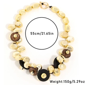Irregular gold metal beads and dark resin discs necklace with toggle clasp, 55cm length