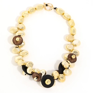 Mixed metal irregular gold beads and wood texture disc chunky statement necklace