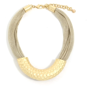 Gold mesh chain necklace featuring a U-shaped hammered metal tube pendant stylish jewelry