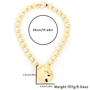 Gold beaded necklace with large spherical pendant, product dimensions and weight details
