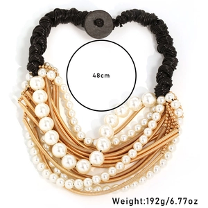 Multilayer faux pearl necklace with gold metal tubes and black cord, 48cm length