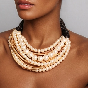 Multi Layer Imitation Artificial Pearl Statement Necklace With Alloy Tubes And Black Wax Rope Elegant Fashion Jewelry For Women