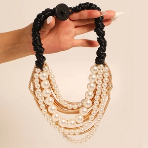 Elegant multi-layer faux pearl necklace with black cord and gold tubes for stylish women