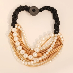Chic multilayer faux pearl and gold metal tube necklace with bold black cord and button clasp