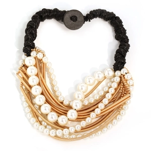 Multi-layer faux pearl necklace with black cord and golden accents for elegant daily wear