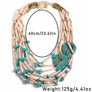 Detail view of multi-layer bohemian necklace showing 60cm length and 125g weight specs