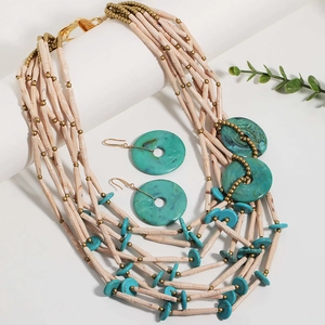 Bohemian multi-layer necklace with turquoise acrylic discs and beige tube beads set
