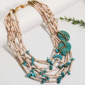 Bohemian multi-layer handmade necklace with turquoise acrylic discs and beige beads