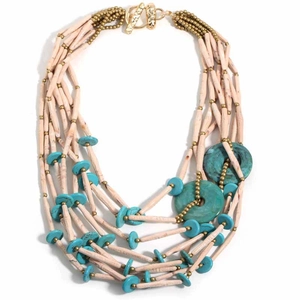 Bohemian multi-layer necklace with turquoise acrylic discs and golden toggle clasp