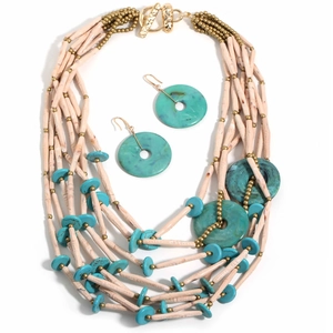 Detail view of Bohemian multi-layer necklace with turquoise acrylic discs and beads