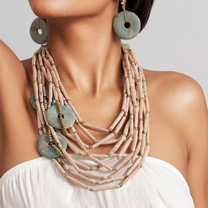 Bohemian Multi Layer Beaded Necklace And Earrings Acrylic Marble Resin Disc Alloy Jewelry For Women Vintage Ethnic