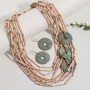 Multi-layer beaded necklace and earrings set with pink tubes and green marble resin