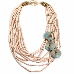 Multilayer bohemian beaded necklace with pink tube beads and blue resin ring charms