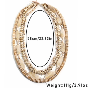 Three-layer faux stone shell beaded necklace details with 58cm length and 111g weight specs