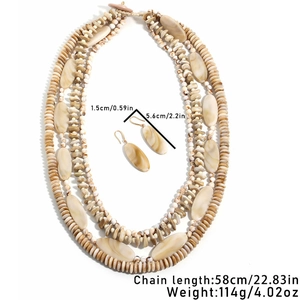 Detail view of multi-layer beaded necklace and earrings set with size and weight specs