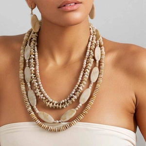 Bohemian multilayer beaded necklace with shell accents and matching earrings for women