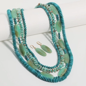 Multi-layer turquoise and olive beaded necklace set with matching gold-tone earrings