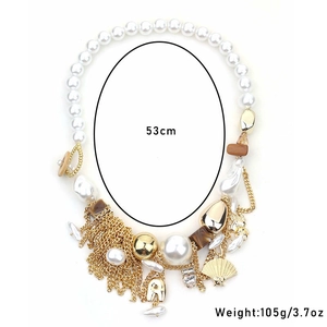 Detail view of Bohemian pearl necklace showing 53cm length and 105g weight specs