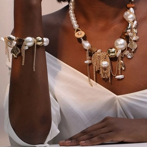 Bohemian Imitation Artificial Pearl Shell Pendant Necklace And Bracelet Jewelry For Women Layered Fringe Chain Exaggerated Style