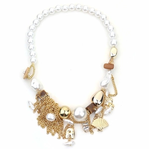 Bohemian multilayer necklace featuring white pearls, gold chains, and shell accents