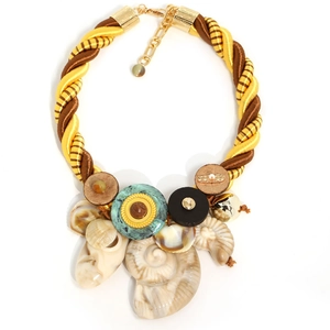 Bohemian woven rope necklace with natural shells, conch pendants and turquoise accents