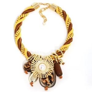 Macro detail of bohemian knot necklace with leopard print resin and sunburst pearl charm