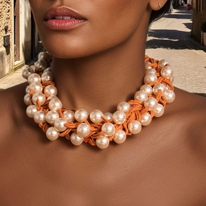 Mehrlagige Handgewebte Künstliche Perlenhalskette Künstliche Perlen Grobe Künstliche Perlen Bohemia Wachsseil Schlüsselbeinkette Retro Schmuck Damen