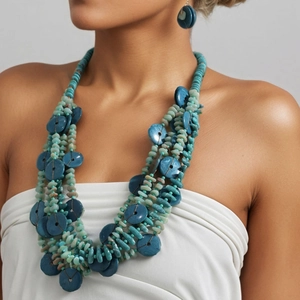 Retro multi-layer bohemian beaded necklace set with blue wood discs and turquoise stones