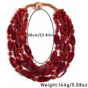 Detail view of red multi-layer beaded necklace with 58cm circumference and 144g weight
