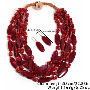 Close-up of multilayer acrylic beaded necklace and earrings with detailed dimensions
