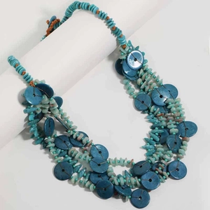 Detailed shot of multi-layered beaded necklace with blue discs and green stone accents