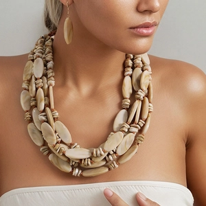 Multi-layer acrylic beaded necklace and earrings set with marble texture bohemian style