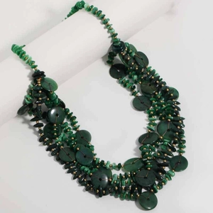 Detailed close-up of multilayer necklace featuring green stones and golden beads