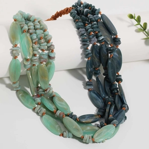 Detail of bohemian multilayer acrylic beaded necklace with mint green and blue marble texture