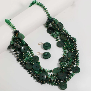 Detail of dark green multilayer stone beaded necklace and matching hook earrings set