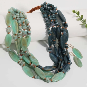 Detail of multi-layer beaded necklace and earrings set in mint and teal acrylic