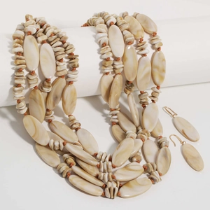Close-up of multi-layer acrylic bead necklace and matching earrings in marble finish