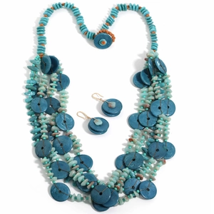 Detailed view of bohemian multi-layer turquoise bead necklace with brown cord