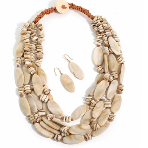 Detailed macro view of multi-layer beaded acrylic necklace and matching earrings