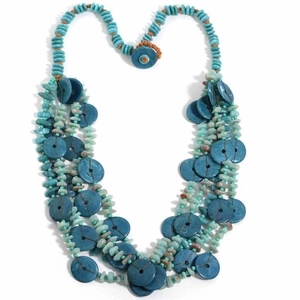 Detail of bohemian layered necklace with deep blue discs and colorful stone beads