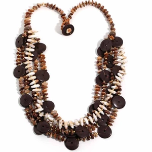 Bohemian multi-layer handmade beaded necklace with brown coconut shells and seashells