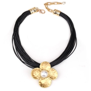 Multi-layer wax rope necklace with gold flower pendant and centered faux pearl
