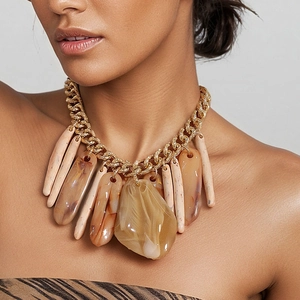 Vintage gold chunky chain necklace with long resin amber and cream stone pendants