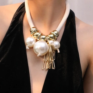 Bohemian thick white rope necklace with oversized imitation pearls and gold chain tassels